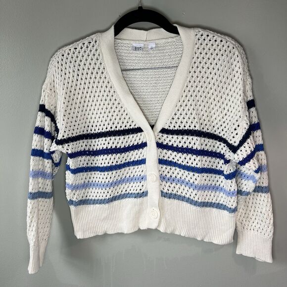 Gap Kids Girls Cardigan Button Up Sweater, White W Blue Stripes, Size S (6-7) - Picture 1 of 7